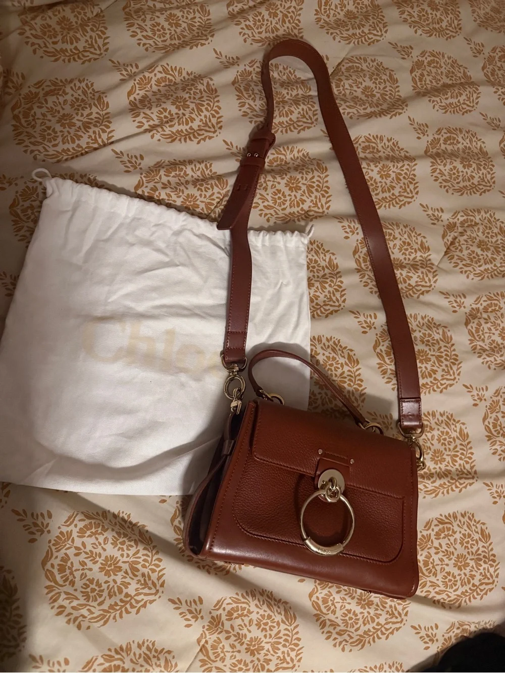 Chloe Brown Leather Top-Handle Satchel with Gold Ring